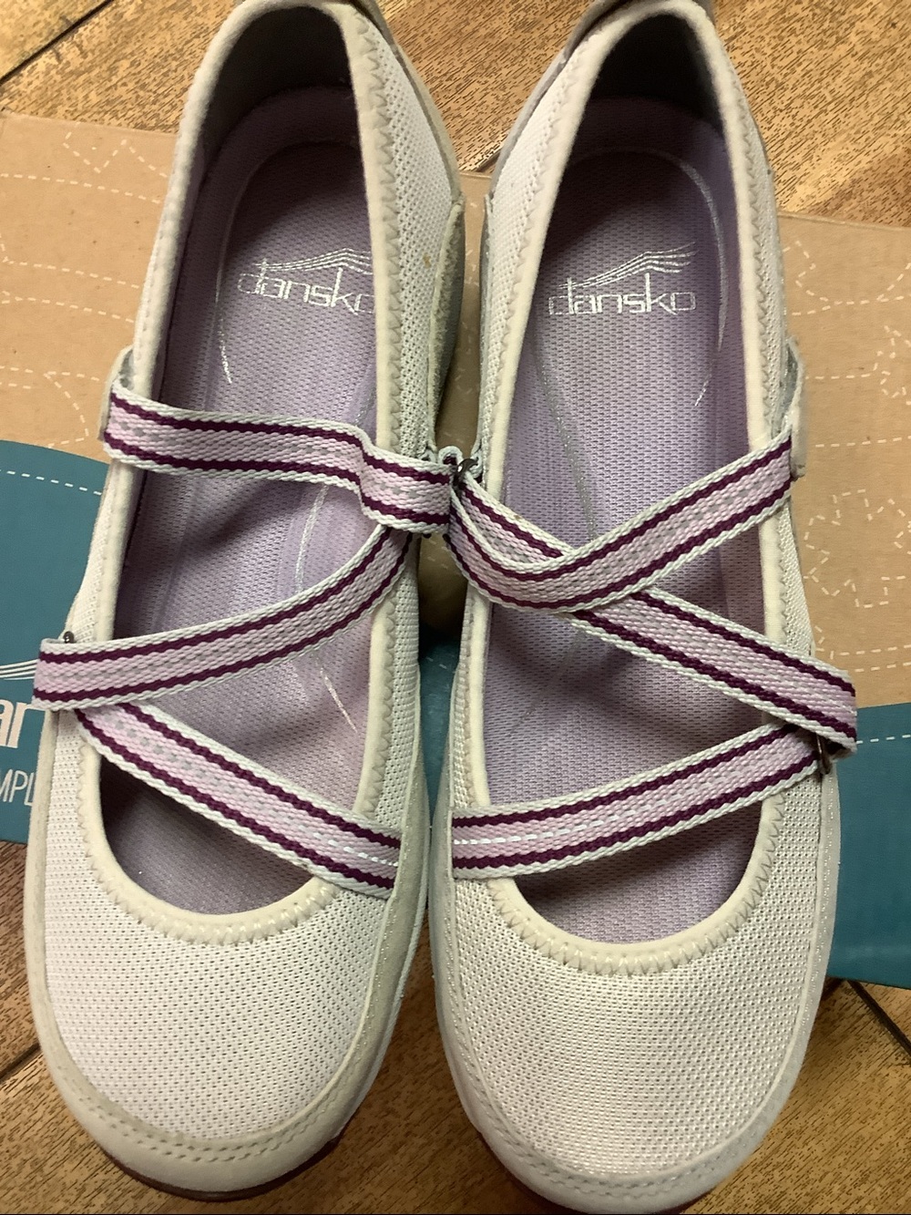 Dansko Hazel suede White and Purple Mary Jane Sport Flats never worn stain shown